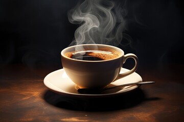 cup of fresh hot coffee on black background