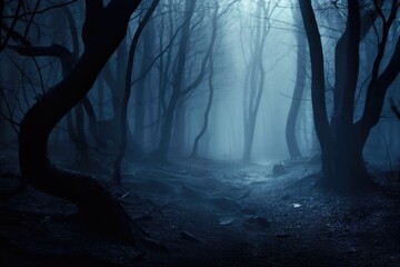 Misty spooky forest background, gloomy trees in scary horror foggy woods Happy Halloween dark night creepy nature mist fantasy atmosphere mystery dramatic landscape fall nightmare scenery. Copy space