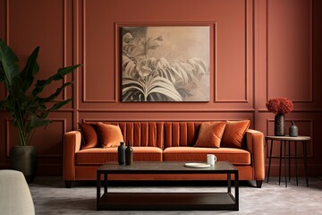 The mid-century interior design of the modern living room features a terra cotta velvet sofa set against a wainscoting paneling wall.