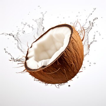 Juicy Coconut Floating In Water Isolated On White Background