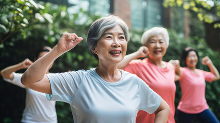 Obraz premium Senior training workout with retirement community. Exercise and happy elderly friendsSenior training workout with retirement community. Exercise and happy elderly friends
