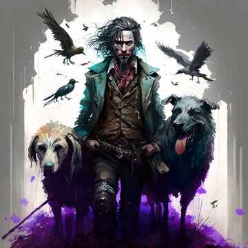 Victorian greasyhaired scarecrow of a man with a pack of vicious dogs concept art painting splattered paint 