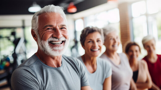 Senior Training Workout With Retirement Community. Exercise And Happy Elderly Friends