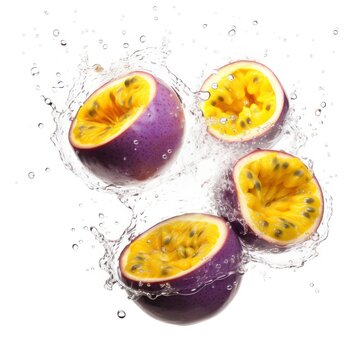 Floating passion fruits isolated on a white background