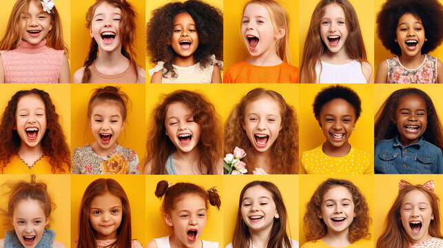 Set happy smiling faces of kids. Happy child girls and boys expressing different positive emotions