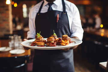 Hand of waiter from restaurant with a terrace on the beach with a view of the turquoise sea carries heavy plates with hamburgers for guests.