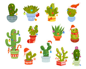 Christmas holiday cactuses and Mexican prickly saguaro succulents in Santa hats, vector icon. Peyote and opuntia cactus with Christmas winter holiday decorations, gift sock and snowflakes on flowerpot
