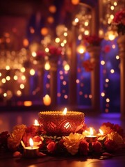 Diwali festival of lights, home decorated with artificial lights, lamps and artificial .flowers. Generative AI.