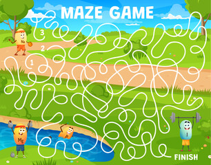 Labyrinth maze cartoon vitamin sportsman characters. Vector game worksheet for playing activity with Na, Mg, P and I micronutrient capsule personages doing sport. Kids riddle for attention development