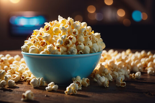 On the table is a bowl of popcorn.Cold appetizers, home comfort. Generative AI.
