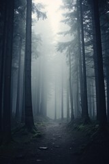 Fototapeta premium Misty spooky forest background, gloomy trees in scary horror foggy woods Happy Halloween dark night creepy nature mist fantasy atmosphere mystery dramatic landscape fall nightmare scenery. Copy space