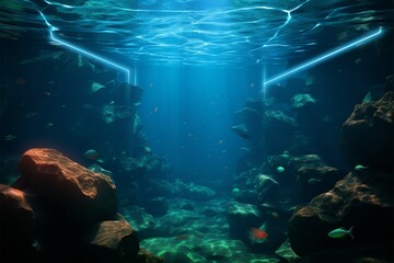 3D sea bottom Sun rays pierce through water, illuminating stones