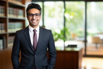 portrait of a lawyer in suit and tie, in the middle of his office