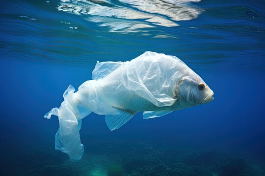 Plastic pollution in the oceans. Fish wrapped in plastic bag. Preserve marin life and ecology concept. Generative Ai
