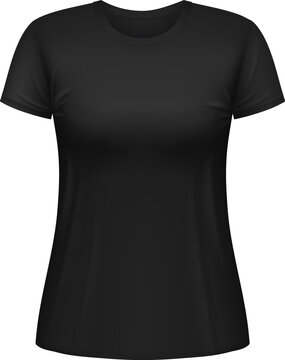 Black women tshirt isolated 3d vector apparel mockup. Realistic female garment, underwear clothes. Blank wear clothing design, outfit object front view
