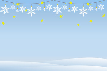 Fototapeta na wymiar Christmas winter background with snow and snowflakes. Christmas market poster background Template with snowflakes garland bunting on a white snow landscape background. Vector illustration 3D design.
