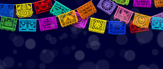 Mexican Cinco De Mayo papel picado paper cut garland flags with bokeh light. Vector background, bursting with intricate, colorful paper cutouts, sets the perfect atmosphere for a lively celebration