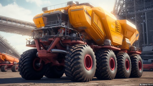 a massive articulated hauler with 12 wheels.Generative AI