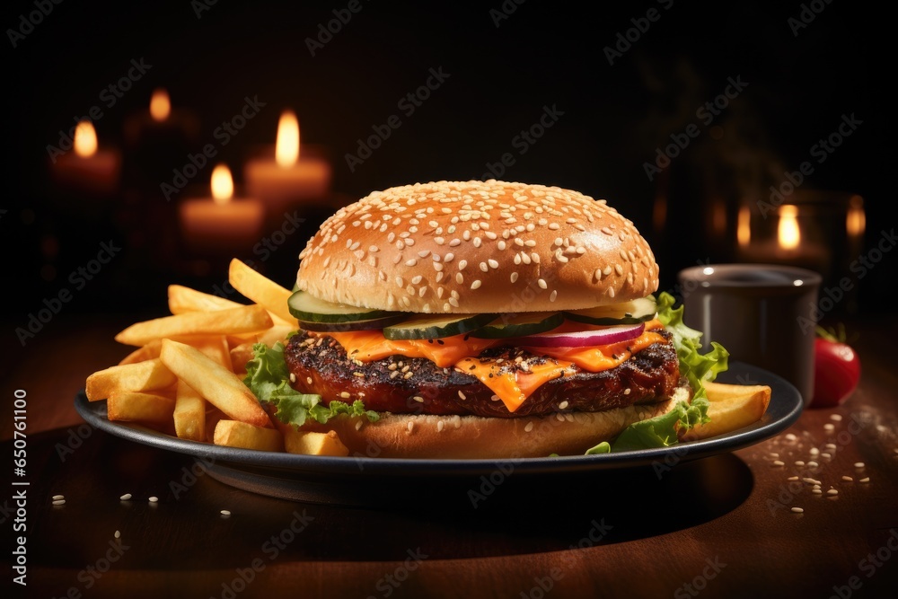 Wall mural Delicious cheeseburger on plate with french fries. Fast food. - Wall murals