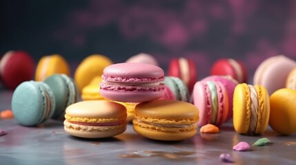 a photography of Delicious colorful macarons on concre.Generative AI