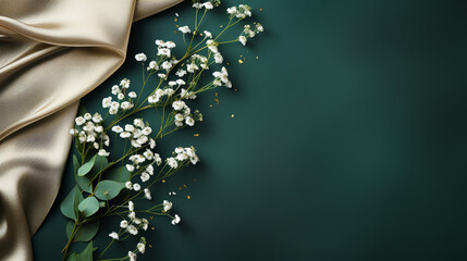 Feminine wedding desktop mockup with baby's breath Gypsophila flowers, dried green eucalyptus leaves, satin ribbon and painted pastel background. - obrazy, fototapety, plakaty