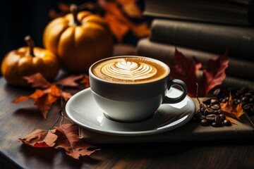 Autumn cozy background, cup of a pumpkin coffee with autumn leaves. Coffee beans, table layout - 650761520