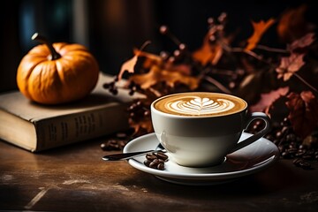 Autumn cozy background, cup of a pumpkin coffee with autumn leaves. Coffee beans, table layout - 650761523