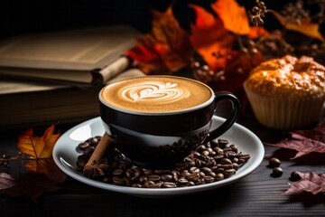 Autumn cozy background, cup of a pumpkin coffee with autumn leaves. Muffin with coffee beans
