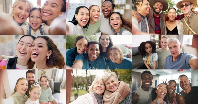Group of people, diversity and collage with selfie or smile for fun with laugh, talking or happy. Friends, older woman and multi screen for connection, video call or communication and social