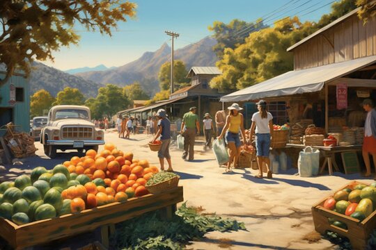 Farm market in a sunny day. AI generative