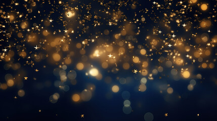 Abstract navy background and gold shine stars. New year, Christmas background with gold stars and sparkling. Christmas Golden light shine particles bokeh on navy background. Gold foil texture.