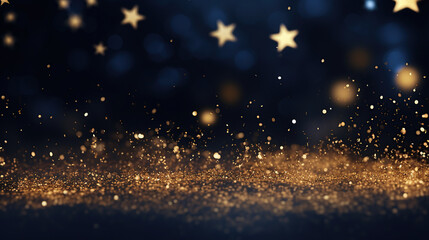 Abstract navy background and gold shine stars. New year, Christmas background with gold stars and sparkling. Christmas Golden light shine particles bokeh on navy background. Gold foil texture. - obrazy, fototapety, plakaty