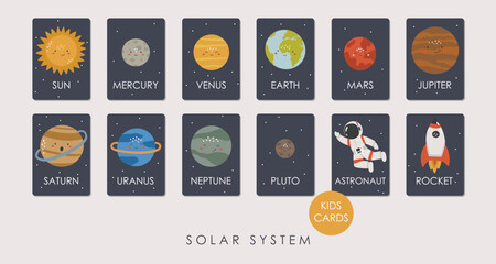 Solar System Cards, Educational Cards, Kids materials, Kindergarten vector, School materials, Educational Space vector, Kawaii Planets