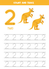 Trace numbers. Number 2 two. Cute cartoon kangaroos.