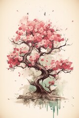 Obraz na płótnie Canvas Generative AI, Beautiful japanese sakura tree, watercolor painting, vintage asian poster