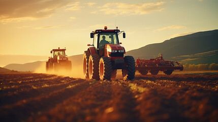Agricultural workers with tractors. Ploughing a field with tractor at sunset. - obrazy, fototapety, plakaty