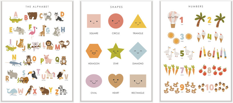 Set of 3 Educational Posters, Kids Wall Decor, Kindergarten Decor, Educational Animal Alphabet, Preschool Wall Prints, Numbers, Vector kids design