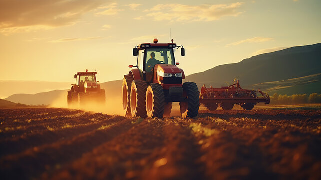 Agricultural workers with tractors. Ploughing a field with tractor at sunset.