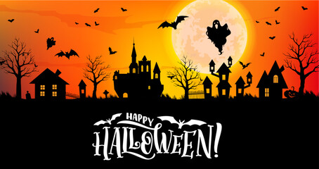 Halloween town silhouette. Vector banner with moonlit creepy cityscape shrouded in darkness, where eerie shadows of haunted houses, gnarled trees and ghost figures set stage at spooky night of frights