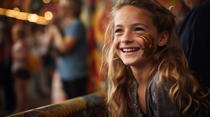 Cute little girl with curly hair having fun on carousel in amusement park. Octoberfest concept - obrazy, fototapety, plakaty