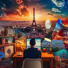 Composite image featuring a digital nomad working in various iconic locations around the world, such as the Eiffel Tower in Paris or the Grand Canyon in the United States. Showcase the diversity and e - obrazy, fototapety, plakaty