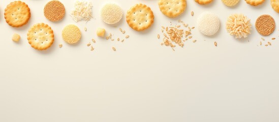 Snacks made of rice crackers isolated pastel background Copy space - Powered by Adobe