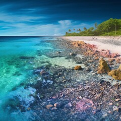Fototapeta na wymiar Composite image featuring a pristine beach with crystal-clear waters and vibrant coral reefs juxtaposed with a polluted beach strewn with plastic waste. Depict the stark contrast between a healthy mar