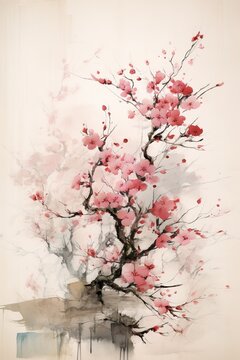 Generative AI, Beautiful japanese sakura tree, watercolor painting, vintage asian poster