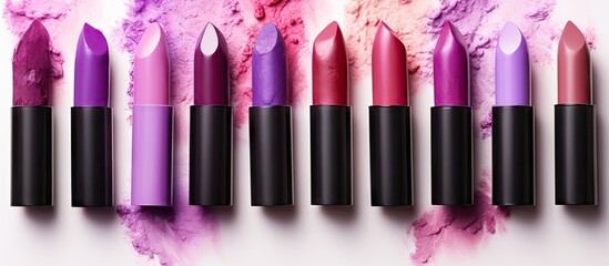 Various shades of purple lipsticks spread on a isolated pastel background Copy space