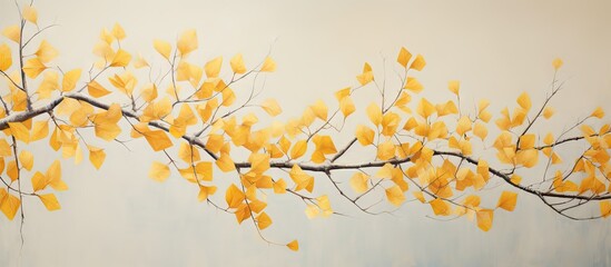 Yellow leaves on tree branches isolated pastel background Copy space