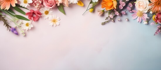 Brightly colored floral arrangements and presents displayed on the tabletop isolated pastel background Copy space