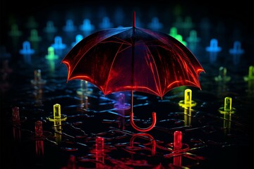 Neon umbrella in the rain, stark contrast against black surroundings