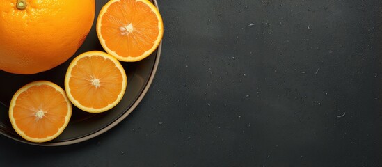 Black plate with two oranges and umbrella isolated on a isolated pastel background Copy space