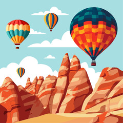 Hot air balloons over Cappadocia rocks landscape. Adventure travel in Turkey concept vector illustration. - obrazy, fototapety, plakaty
